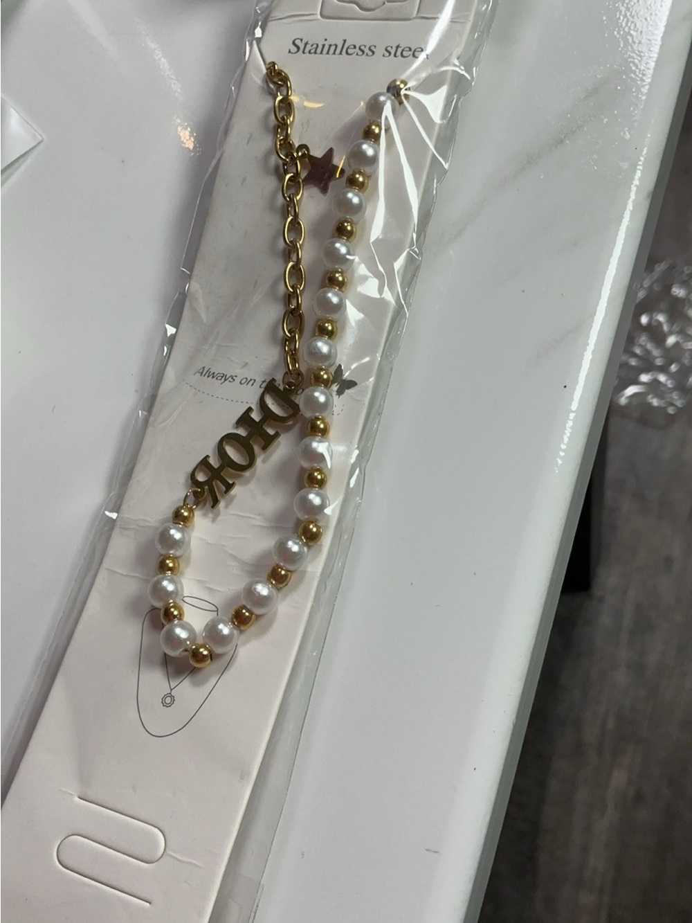 Gold and White Pearl Bracelet with HOPE Charm